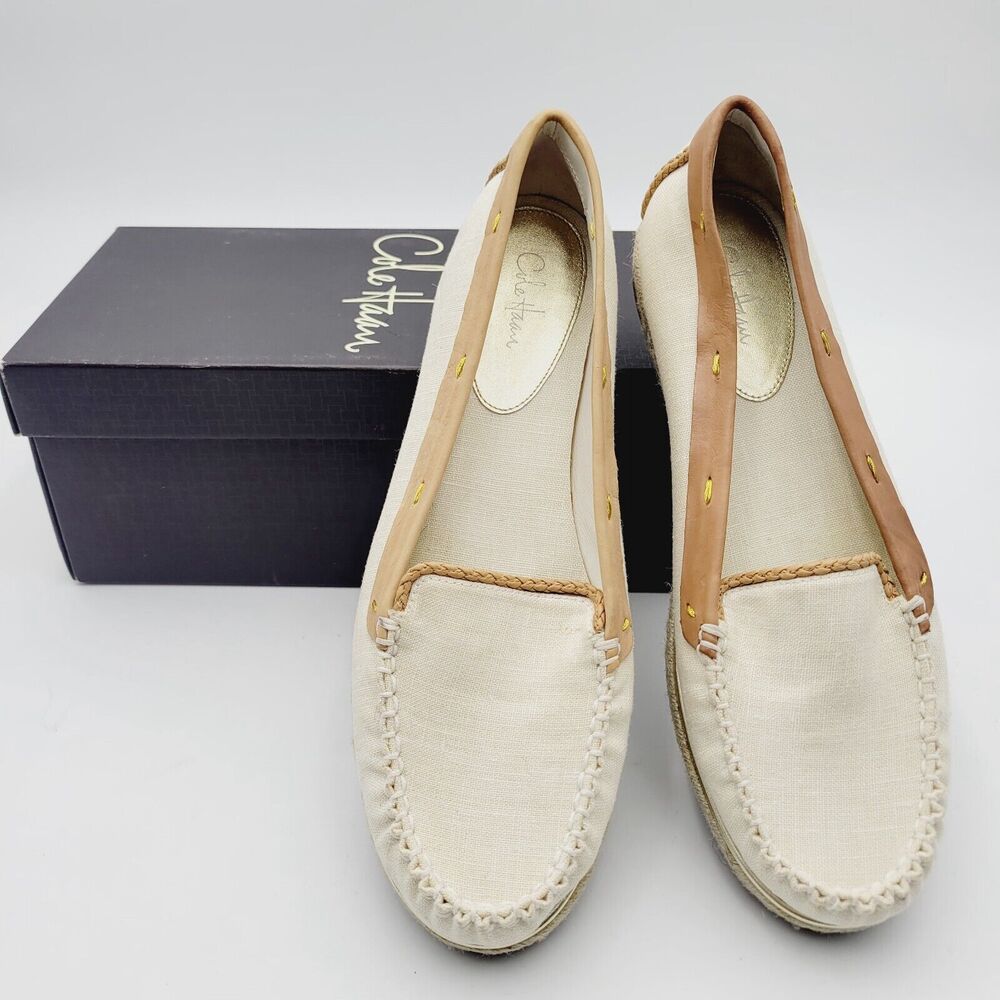 Cole Haan Shauna Gold Trim Slip On Ivory Linen Loafers